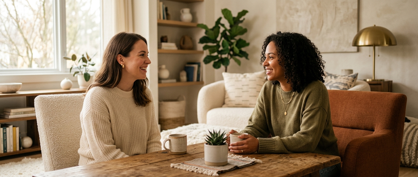 Two women in conversation at a kitchen table, one listening closely