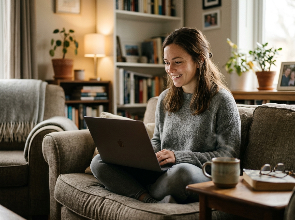 A woman on a video call from her couch, laptop open, smiling